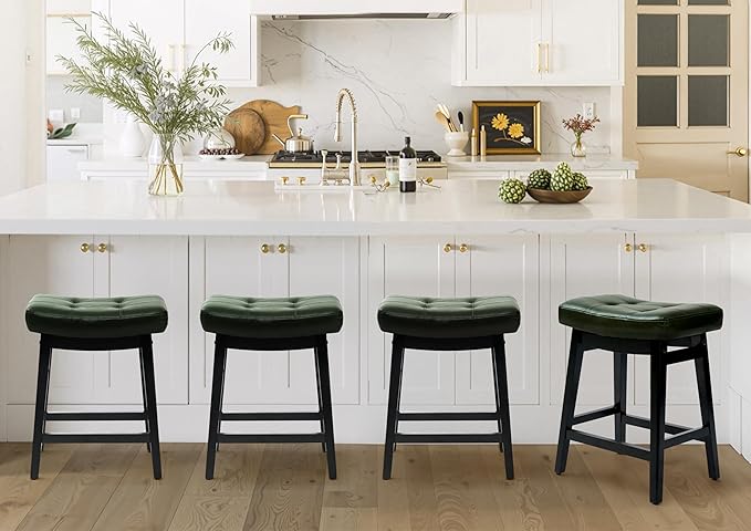 Counter Height Bar Stools Set of 6 for Kitchen Counter Farmhouse Modern Barstools with Faux Leather Upholstered Backless Seat and Solid Wood Legs 24 inch Bar Chairs, Green + Black