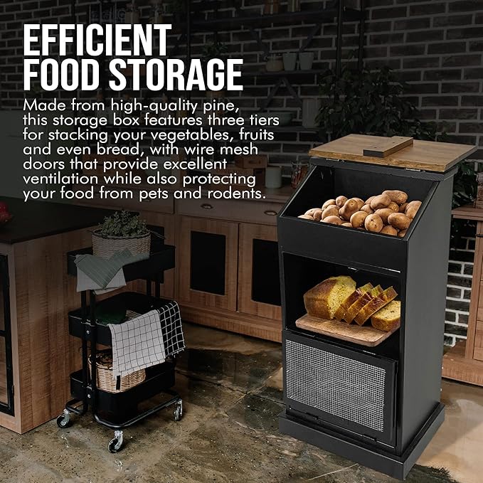 Peaceful Classics Potato Storage Wood Box, Wooden Bread Bins, Decorative and Onion Bin, Bin w/Grocery Section, Vegetable w/Lid for Kitchen Pantry, Black, KS302B
