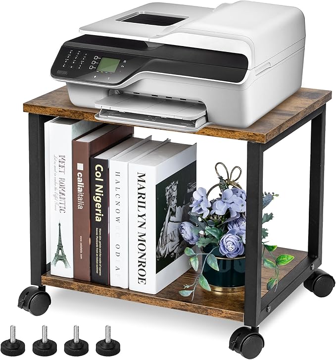 Under Desk Printer Stand - 2-Tier Industrial Mobile Printer Table with Storage Shelf, Heavy Duty Wood Rolling Printer Cart with Wheels for Home and Office,Rustic Brown