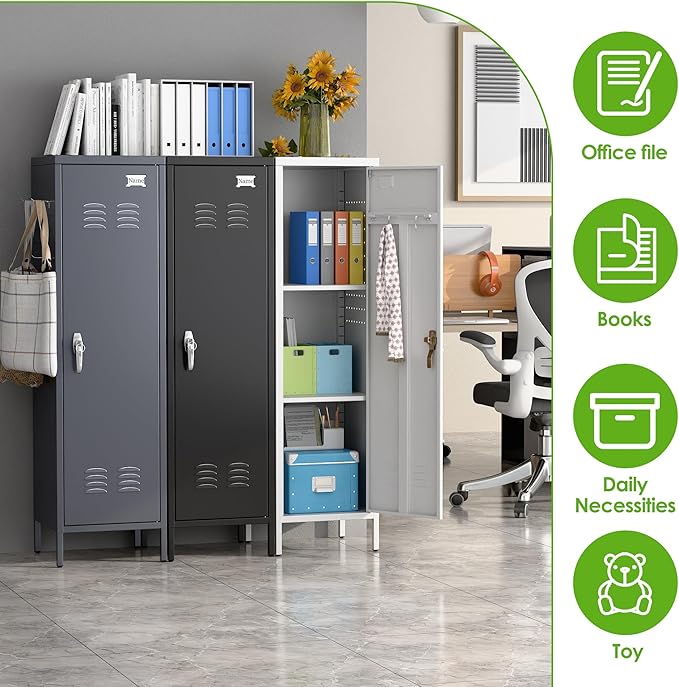 Aobabo Metal Locker, 54" H Metal Storage Locker for Employees, Lockable 1 Door with Towel Rack and 2 Side Pegboards with Hooks for School Office Gym Home, Assembly Required (Black)