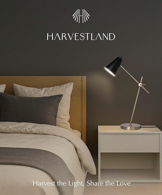 HarvestLand HaloBar Brass Desk Lamp Home Office – Black Industrial Table Lamp with Solid Base for Office, Reading Lamps for Bedside Table, Study and Reading Task Lamp, Christmas Gifts for Men