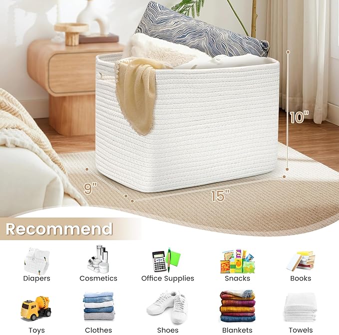 Shelf Woven Storage Basket, 15 x 10 x 9” Closet Rope Baskets For Organizing, Square Bins with Handles, White 1 Pack
