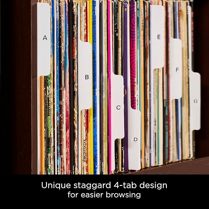 Carstens Records Heavy Duty Vinyl Album Dividers A-Z | Single Sided Printing | 12" LP Organizers with Tabs | Pack of 26 White | Made in The USA | for Side Browsing