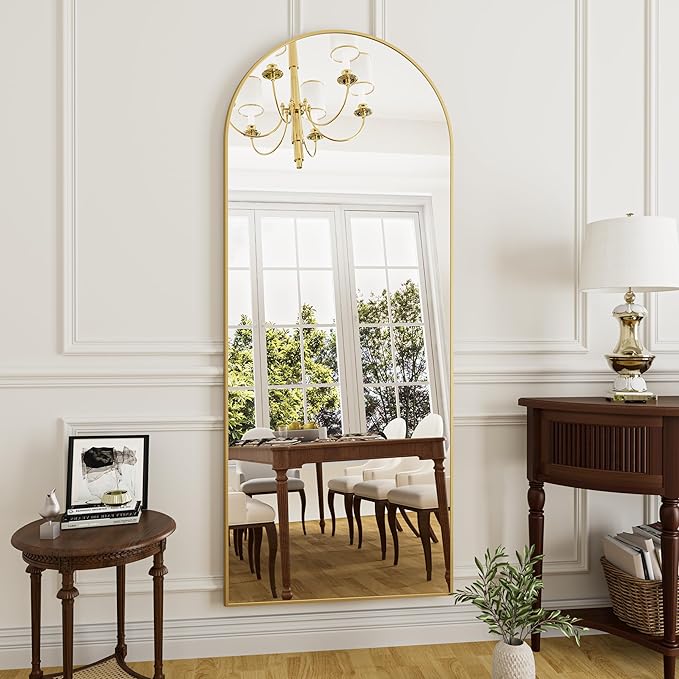 Full Length Mirror Arched Floor Length Mirrors, 71"x26" Large Full Body & with Stand&Arch Wall Mounted &Standing Mirror for Bedroom Living Room, Aluminum Frame, Gold