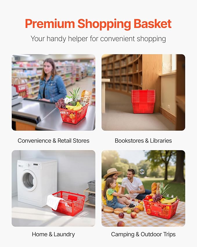 VEVOR Shopping Baskets, 12 PCS, 21L Stackable PE Plastic Grocery Baskets with Metal Handles, Dense Mesh Structure, Holds up to 20 lbs, Portable for Grocery, Retail, Stores, Supermarket, Home Use, Red