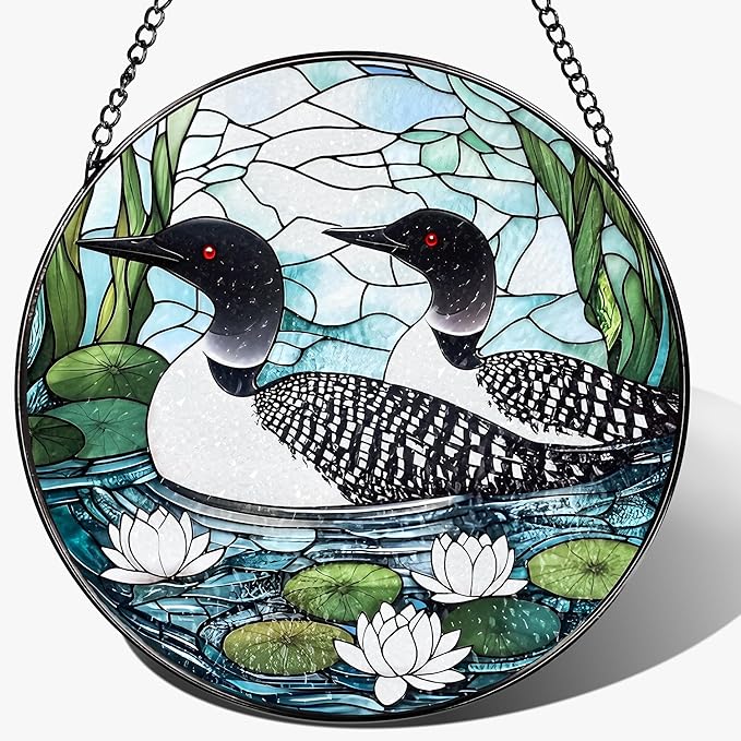 8-Inch Loon Birds Stained Glass Suncatcher Ornament, Stained Glass Window Hanging, Window Hanging Decor – Christmas, Birthday | Gifts for Bird Lover, Friend, Couples, Family | Holiday Decorations