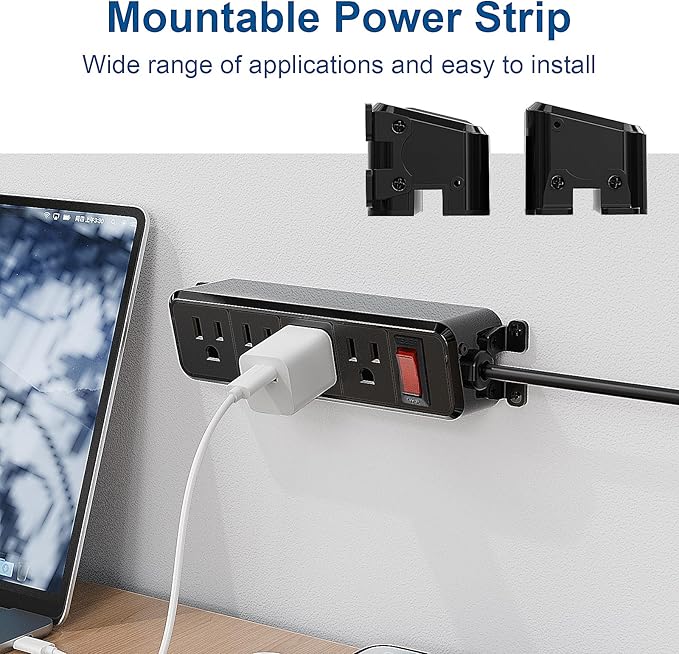 Wall Mount Power Strip,Flat Plug Power Strip with Switch,10ft Extension Cord,4 Outlets, Flexible Installation for Home, Office,and School,ETL Listed,Black (10ft,4 outlets)