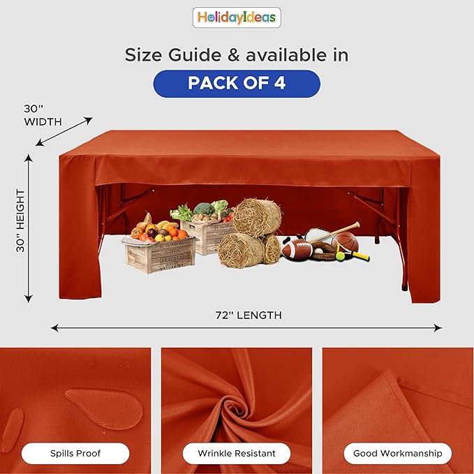 HolidayIdeas 4 Pack 3-Sided Christmas Fitted Tablecloth for 6ft Tables, Open Back Rust Table Cover for Vendor Booth Display, Craft Fair, Trade Show, Allows Seating & Easy Access Storage