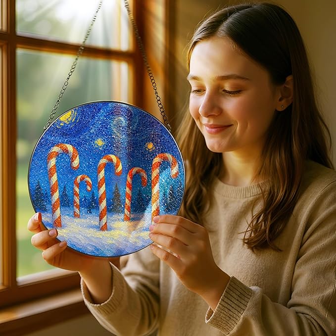 8-Inch Starry Night Stained Glass Ornament, Stained Glass Window Hanging, Window Hanging Decor Suncatcher – Gifts for Christmas Lovers, Friends, Family, Coworkers | Holiday Decorators