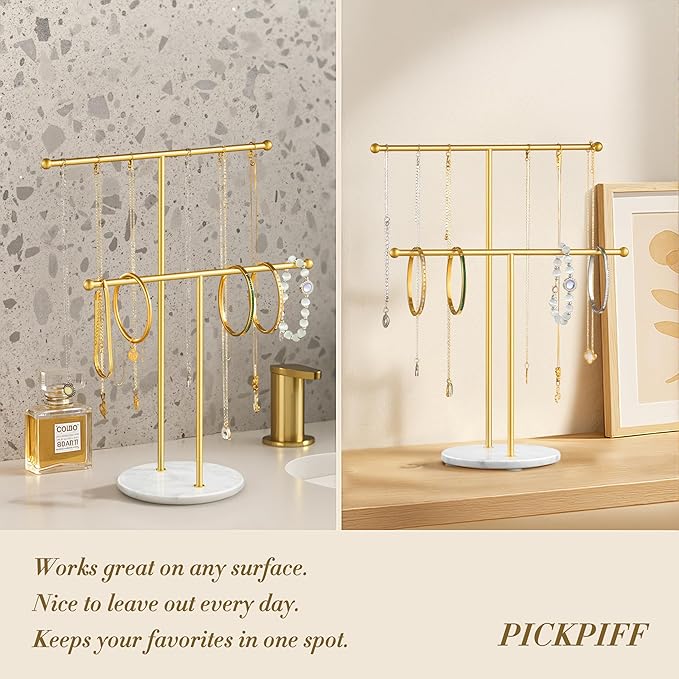 pickpiff Necklace Holder Stand: 2 Tier Jewelry Organizer with Marble Base, Gold Jewelry Tree Display for Bracelets, Rings, Earrings, Gold and White