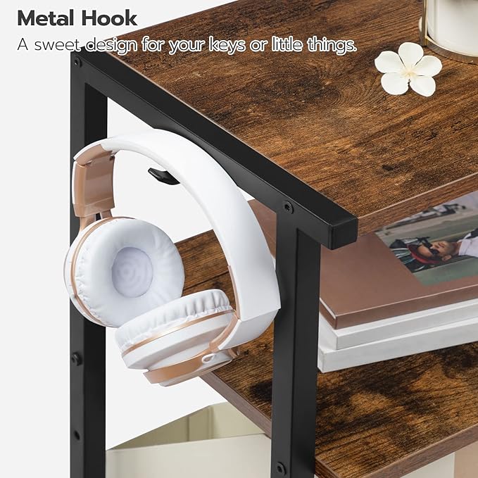 HOOBRO Industrial Printer Stand with Charging Station, 3-Tier Printer Table, Rolling Printer Cart with Adjustable Shelf and Hook, Rustic Brown and Black BF28UPS01
