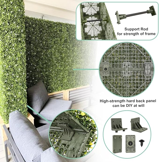 SunnyRoyal 180" Wx36 Hx12 D Artificial Boxwood Hedge Wall for Indoor and Outdoor Lifelike Greenery Privacy Fence for Patio Balcony Office Garden Party(Green with White Flower)
