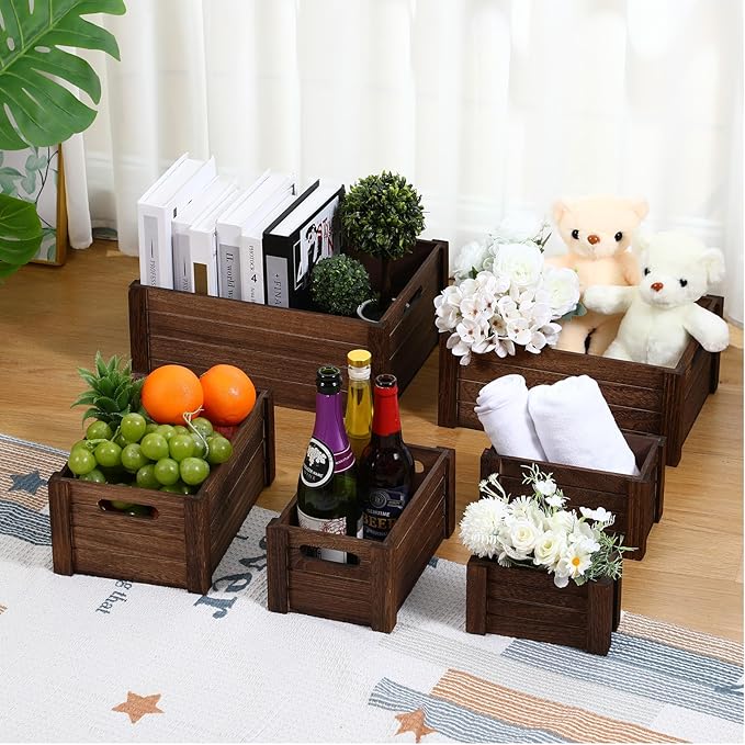 6 Pcs Decorative Wood Crates for Storage Display Rustic Nesting Crates with Handle Farmhouse Wooden Storage Container Boxes for Wedding Party Farmers Market Supplies Decor