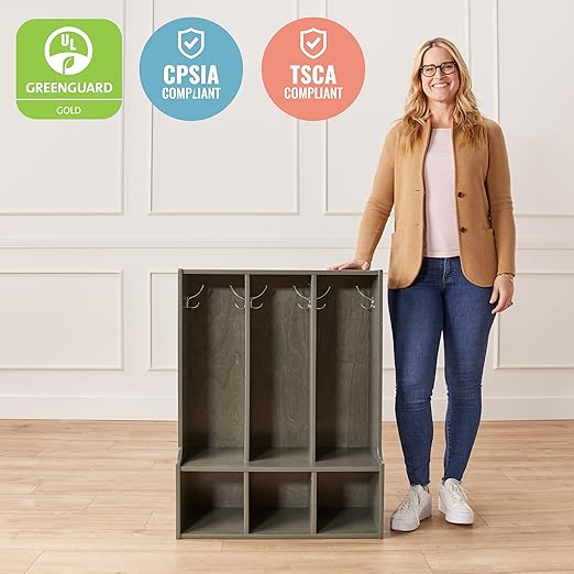 ECR4Kids Streamline 3-Section Toddler Coat Locker with Bench, Kids Furniture, Grey Wash