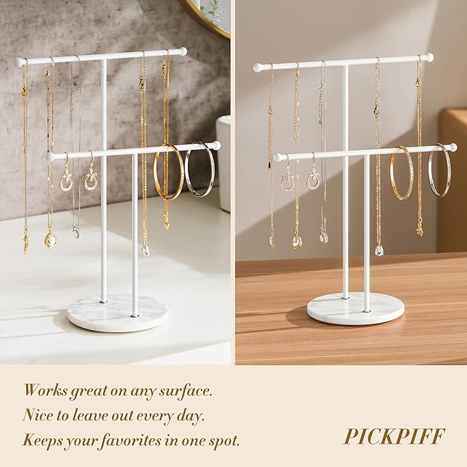 pickpiff Necklace Holder Stand: 2 Tier Jewelry Organizer with Marble Base, Gold Jewelry Tree Display for Bracelets, Rings, Earrings, White