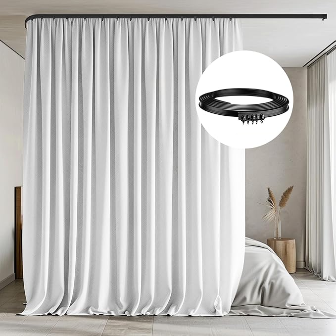 Room Divider Curtains with Flexible Ceiling Tracks Set,Blackout Curtain Ceiling Mount Curtain Track Privacy Room Dividers Ceiling Track Curtain Rod(White Drape & Black Rail W 8.3 × H 7 FT)