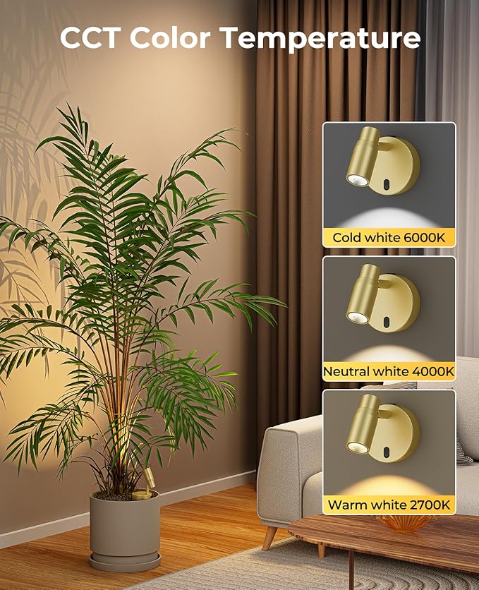 PESUTEN Spot Lights Indoor, Rechargeable Picture Light with Remote, Dimmable CCT Spotlight for Wall Art, 6000mAh Battery Uplights Indoor with Timer for Plant Artwork Painting Sofa Corner Light Gold