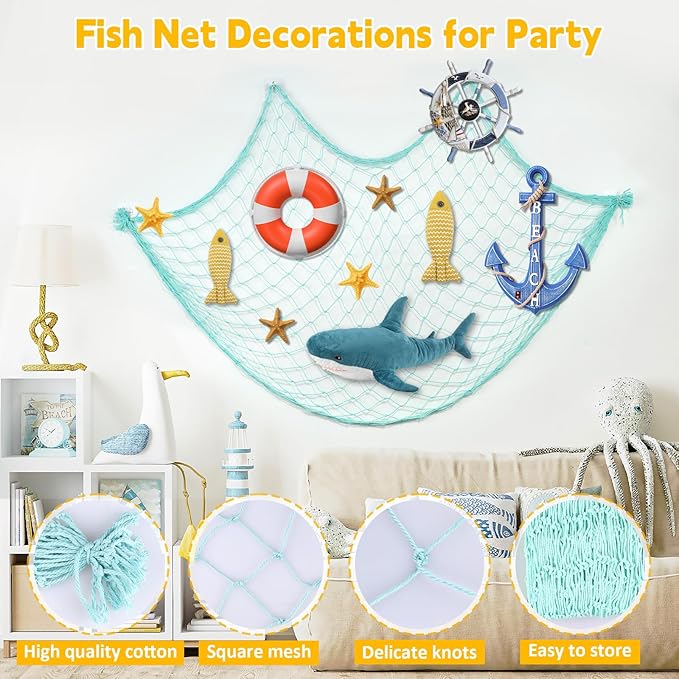 2 Pcs Fish Net Decorations, 39x78 Inch Cotton Nautical Themed Fishing Net, Wall Hanging Photo Display Fishnet for Coastal Bedroom Bathroom, Pirate Hawaiian Beach Under The Sea Party Decor, Sea Blue