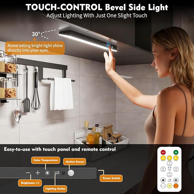 160LEDs Touch-Control Under Cabinet Lighting w/4000mAh Battery, Cordless Motion Sensor Under Counter Lights for Kitchen, Magnetic Rechargeable Closet Lights - 3Pack/Black, 2025 Fall
