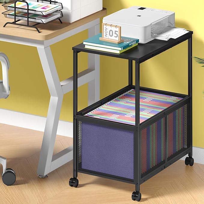 Rolling File Cart, Mobile File Cabinet with Wheels Hanging Files, Filing Cabinet Organizer Printer Stand File Organizer Fit Letter Size for Home Office, Black