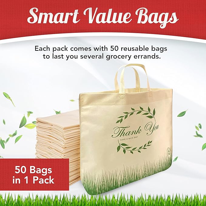 Simply Cool 50 Pack Reusable 'Thank You' Eco-Friendly Grocery Shopping Bags 19.6" x 16.1" x 7" 60 gsm Durable, Recyclable, Washable, Foldable, Portable Tote Bags Bulk (Cream, Loop Handle)