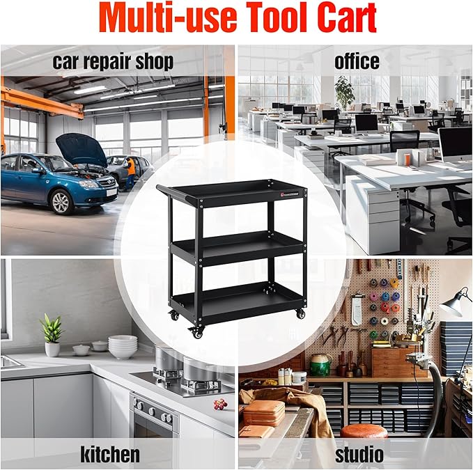 Service Tool Cart on Wheels - 3 Tire Rolling Cart, Industrial Commercial Service Cart TQ112