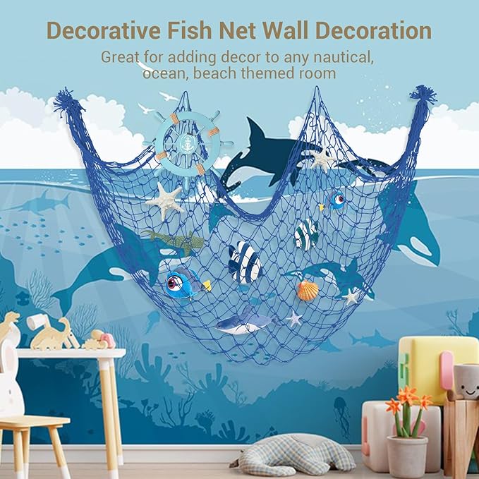 2 Pack Fish Net Decorations, 80x40 Inch Haze Blue Fishing Net Decor for Under The Sea Hawaiian Beach Them Party, 3mm Thick Natural Cotton Versatile Nautical Netting for Party Wall Table Ceiling Decor