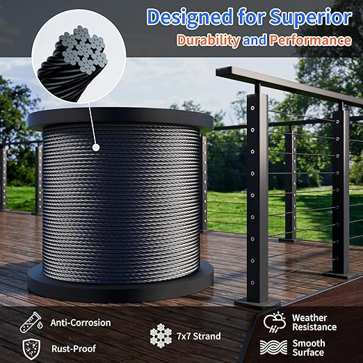 1/8 T316 Black Stainless Steel Cable – 650FT Heavy Duty Wire Rope for Cable Railing Kit and Hardware – Black Coated, Rustproof, Flexible for Outdoor and DIY Applications