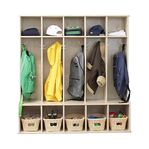 Factory Direct Partners Birch 5-Section Coat Locker with Bench, 10 Storage Cubbies and Coat Hooks; Durable, Sturdy Furniture for Home, Daycare, Preschool, Montessori Classroom
