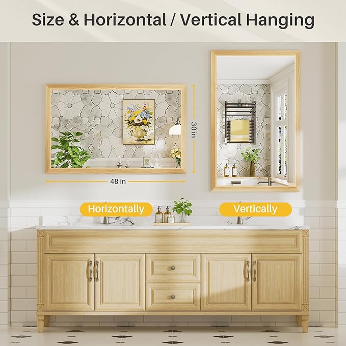 48x30 Inch Bathroom Mirror for Wall, Anti-Rust Oak Wood Grain Metal Framed Bathroom Mirrors for Over Sink,Rectangler Mirrors for Bathroom Vanity, Farmhouse, Bedroom, Living Room, Entryway Decor
