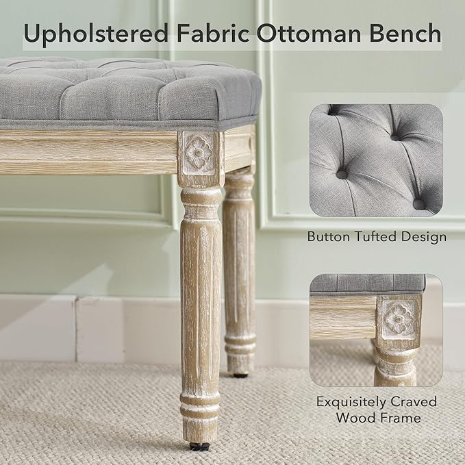 LOULENS French Vintage Bench, Linen Fabric Entryway Bench, Upholstered Tufted End of Bed Bench with Brushed Wood Legs, Grey