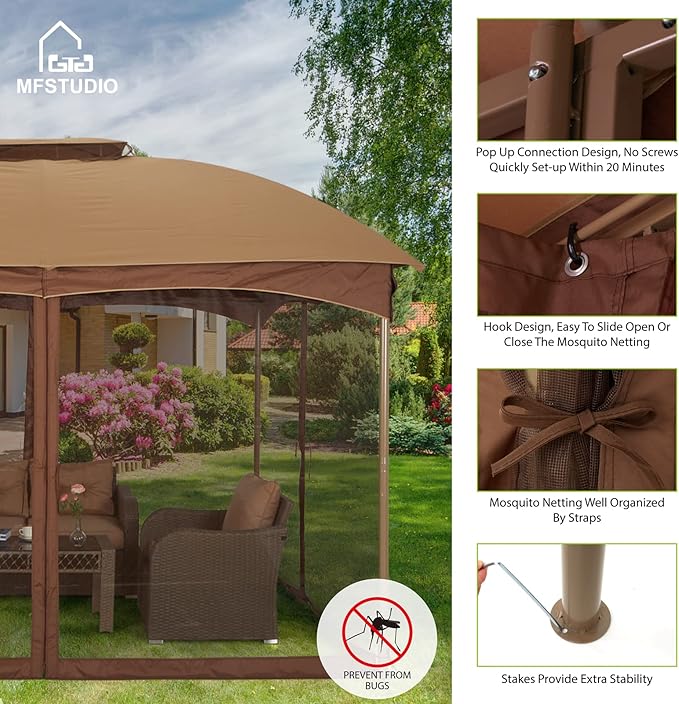 MFSTUDIO 10'x10' Patio Gazebo Tent,Heavy Duty Outdoor Canopy Shelter with Mosquito Netting and Double Roof Tops for Garden Backyard Parties Deck Yard Lawns …