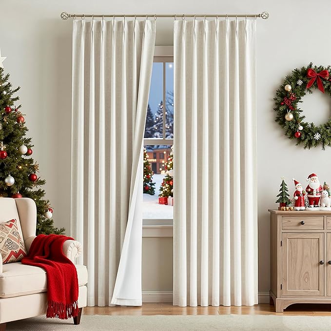 Vision Home Natural Pinch Pleated Full Blackout Curtains Linen Blended Room Darkening Window Curtains 90 inch for Living Room Bedroom Thermal Insulated Pinch Pleat Drapes with Hooks 2 Panel 40"Wx90"L
