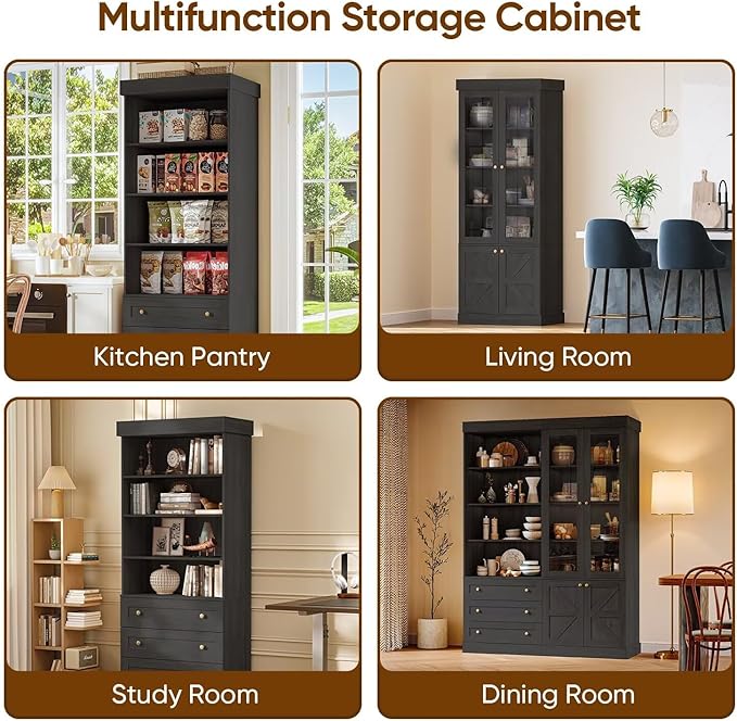 Vyre 71" Tall Farmhouse Bookshelves with Glass Doors and Drawers, Large Modular Bookcase with Adjustable Shelves, Wooden Storage Cabinet for Living Room, Kitchen, Black, Set of 4