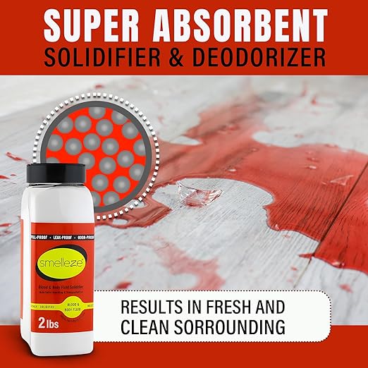 SMELLEZE Blood & Body Fluid Waste Clean Up Super Absorbent, Solidifier & Deodorizer: 2 lb. Granules Absorb Blood, Urine, Diarrhea, Vomit, Body Fluids & Other Water Based Bio Waste in Seconds
