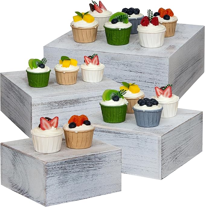4 Pieces Wooden Cake Stands,Antique White Cupcake Stands for Display,12 inches Square Wooden crates,Wood Display risers for Wedding,Birthday Party,Christmas,etc. (Antique White)