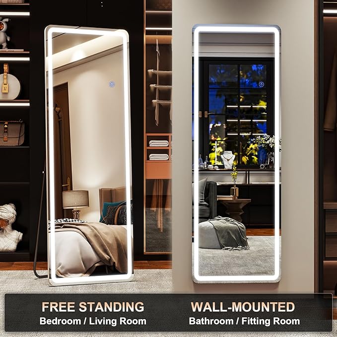 LED Rectangular Corner White Full Length Mirror - 16“ x 60” Brightness Adjustable, Touch Screen Control, Wall Mounted or Freestanding, for Bedroom Living Room Cloakroom Dressing Mirror