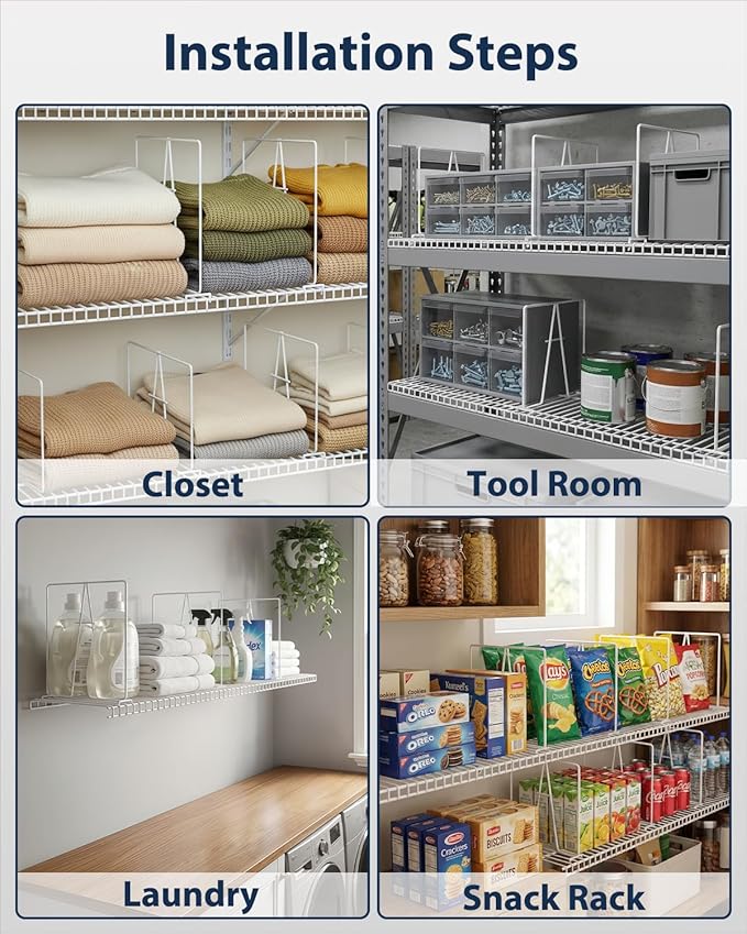 8 Pack Wire Shelf Dividers for Closet, Solid Coated Metal Closet Dividers for Closet Organization, Easy Install Closet Shelf Divider for 12'' Tall x 12'' Deep Wire Shelves and Storage, White