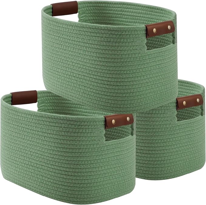 Cotton Rope Basket, Storage Baskets with Handle, 15x10x9 Inch Woven Basket for Shelves, Laundry, Towels, Clothes, Books (Green 3Pack)
