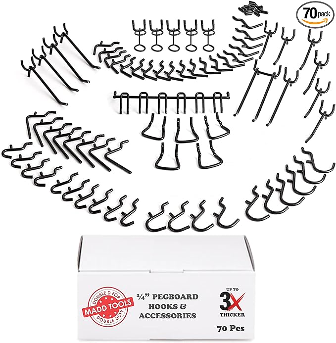 Extra Thick Black 1/4'' Pegboard Hooks for Hanging Tools, Set of 70 Pieces 1/4'' Black Peg Board Accessories Peg Hooks, Peg Board Attachments for Tools Organization