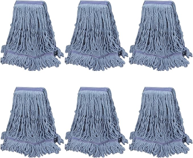Commercial Heavy Duty Mop Heads Replacements: Wet Industrial Blue Cotton Looped End String Head Refill for General Floor Cleaning (6 Pack)