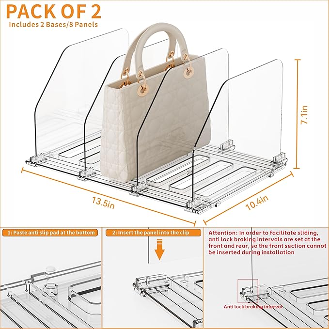 Yieach 2 Pack Acrylic Purse Organizer for Closet - Adjustable Purse Storage and Bag,Handbag Organizers,Clear Shelf Dividers for Closet Organization,Towel,Purse Divider & Display and Clutch Organizer