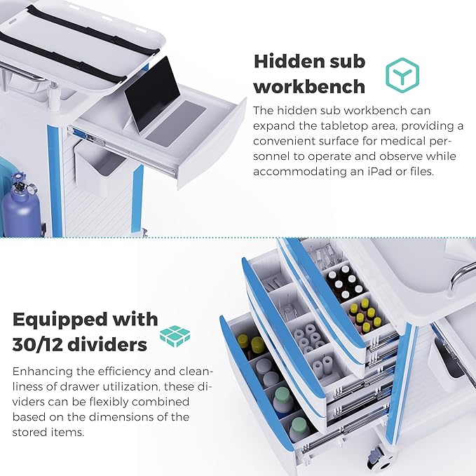 Medical Rolling Storage Crash Cart with Wheels - Adjustable IV Pole, Silent Casters, Needle Disposal Holder, Trash Bin, O2 Holder - Nursing Emergency Cart for Clinic, Hospital, Salon, Lab