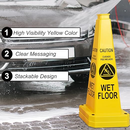 OrangeStar 6-Pack 28" Wet Floor Caution Cones, Yellow 4-Sided Bilingual Warning Message Safety Traffic Cones with Heavy Rubber Base for Indoor/Outdoor Use