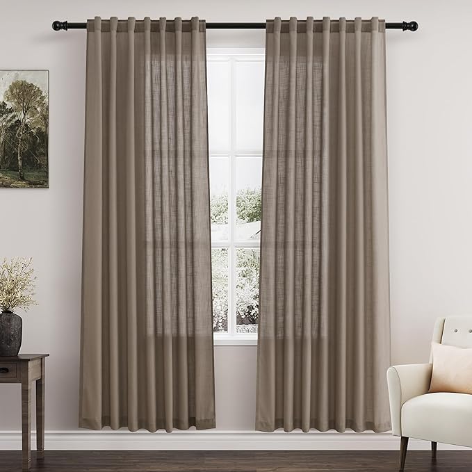 Nanspring Dark Taupe Curtains 80 Inches Length for Living Room Back Tab Rod Pocket Semi Sheer Linen Drapes Muted Neutral Boho Linen Textured Window Curtain for Dining Room Bedroom 52X80 Inches