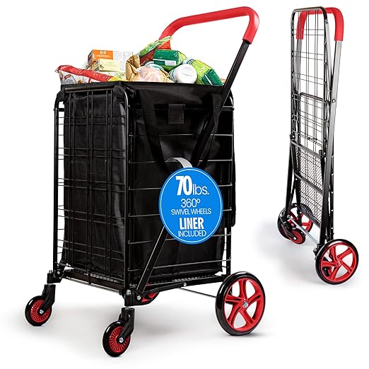 SereneLife Small Compact Folding Shopping Cart with Removable Waterproof Liner – 360° Swivel Wheels, Rust‑Proof Steel Frame, 70 lb Capacity – Portable Grocery, Laundry & Travel Cart (Red)