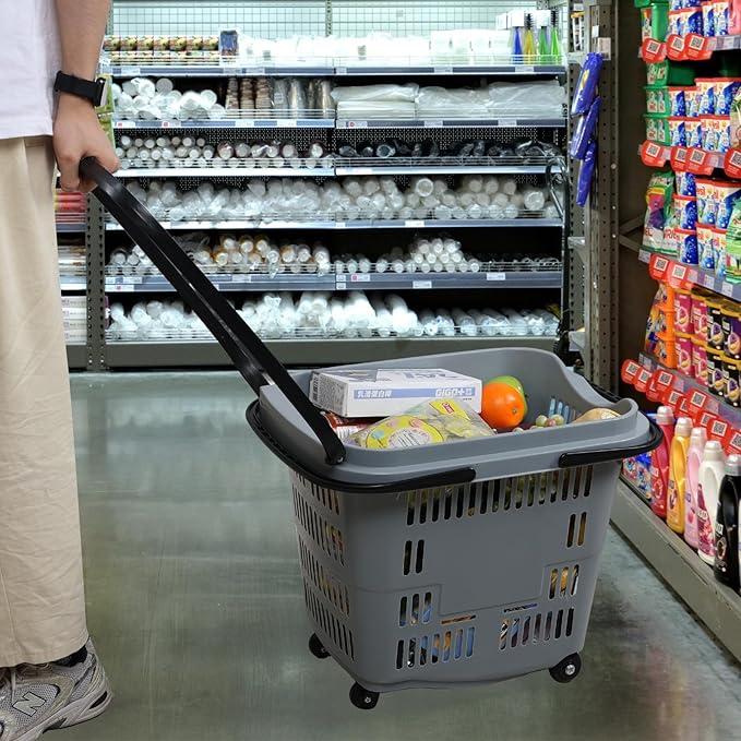 50 L Plastic Shopping Basket with Wheels, 4-Pack Large Rolling Shopping Basket with Handle, Grey
