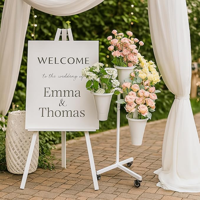 DYALE Flower Display Stand with Buckets - Flower Cart with Wheels for Bouquet Shop, Metal Flower Rack Display Stand for Wedding Garden, Party, Events 1 (White, Round buckets)