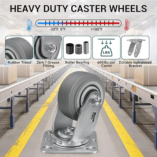 4'' × 2'' Caster Wheels, Heavy Duty Industrial Casters Set of 4 Rubber Wheels, Load 2400lbs Capacity, Swivel Caster for Cart Dolly Toolbox Trolley (4 Swivel)