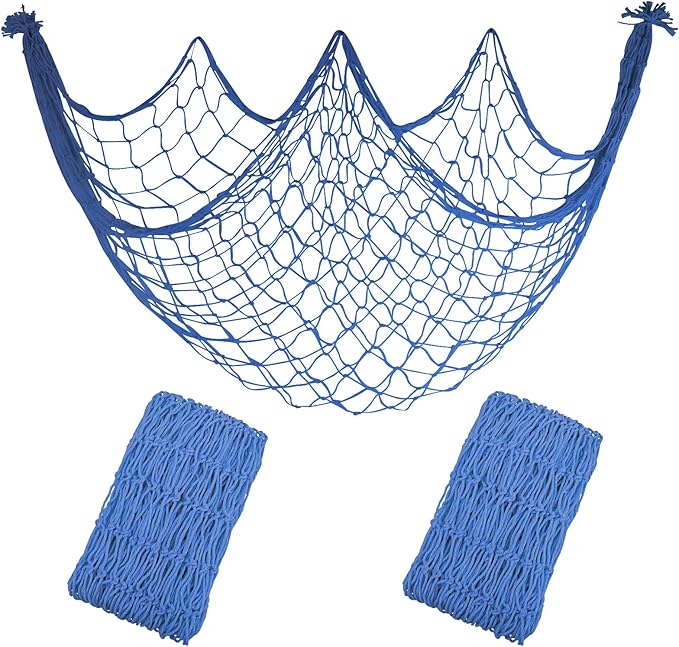 2 Pack Fish Net Decorations, 80x40 Inch Haze Blue Fishing Net Decor for Under The Sea Hawaiian Beach Them Party, 3mm Thick Natural Cotton Versatile Nautical Netting for Party Wall Table Ceiling Decor